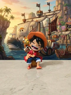 One Piece Monkey D. Luffy Sitting Figure – Red Cardigan Chibi Statue with Little Monkey
