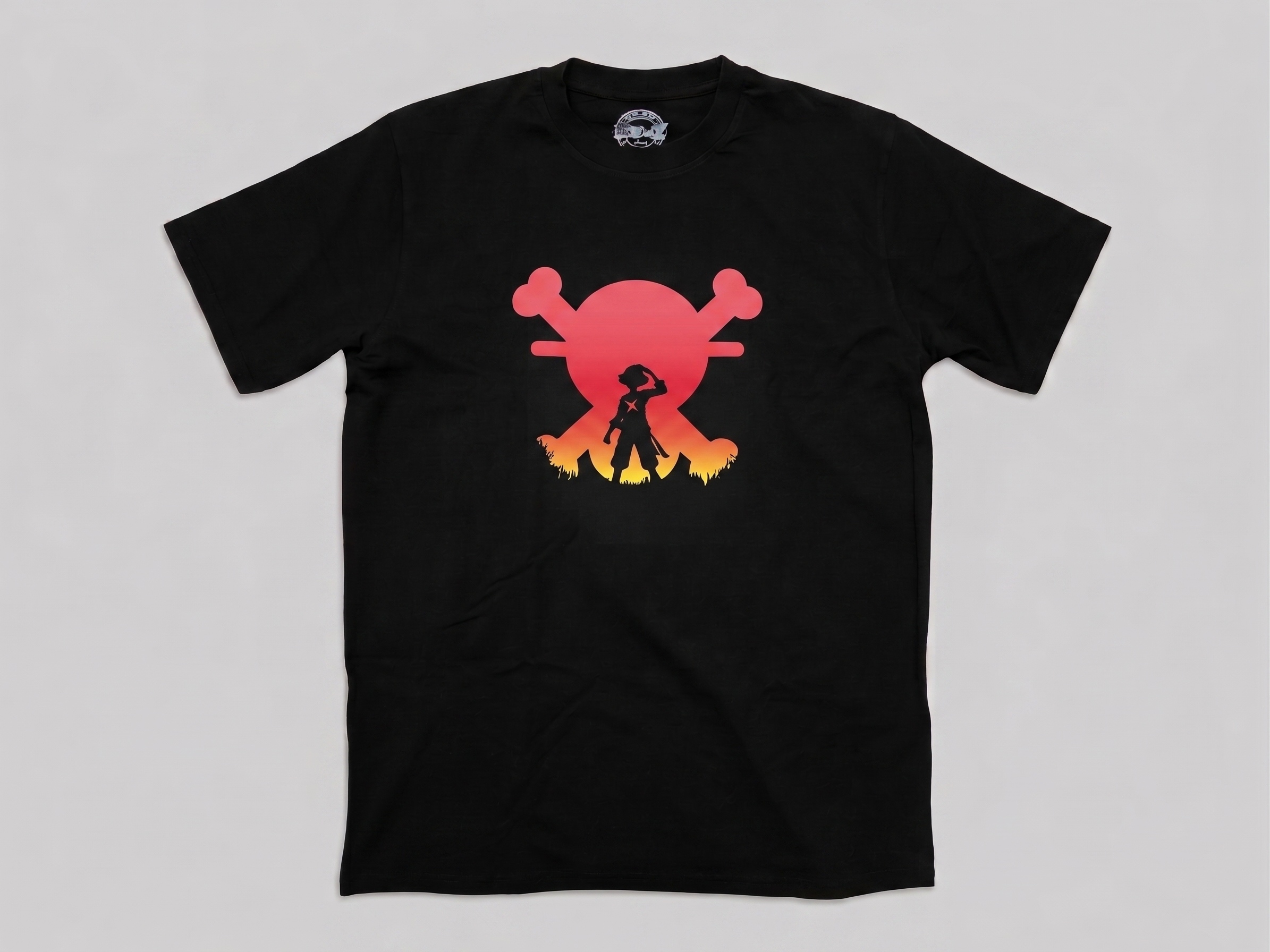 One to Z One Piece Straw Hat Jolly Roger Black 180GSM Graphic T-Shirt – Sunset Luffy Silhouette Printed Cotton Tee