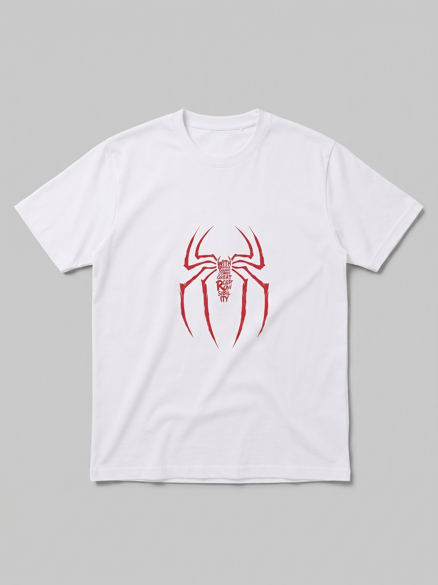 One to Z Spider-Man "With Great Power" White 180GSM Graphic T-Shirt – Red Spider Emblem Cotton Tee