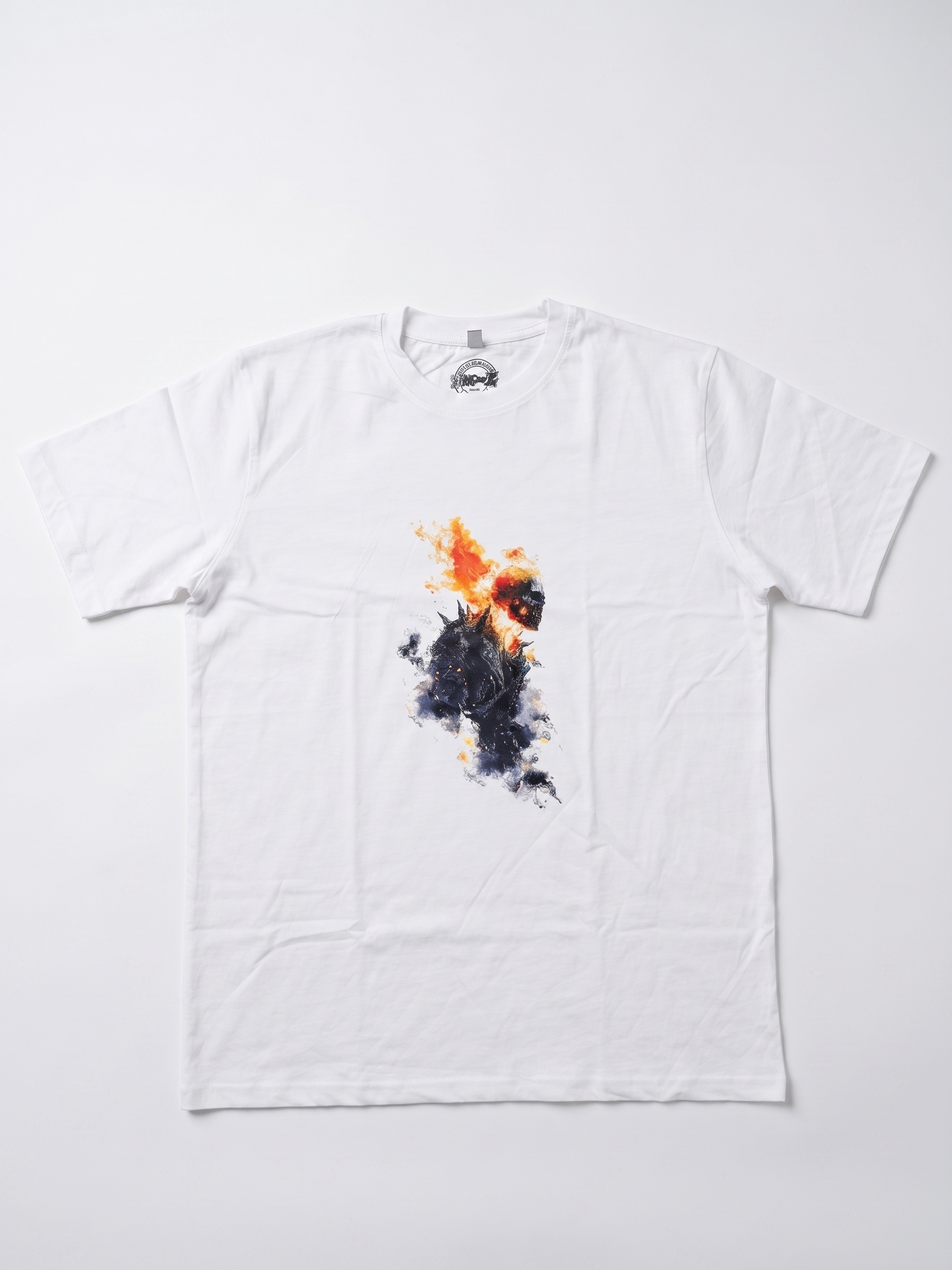 One to Z Ghost Rider Flaming Skull White 180GSM Graphic T-Shirt – Fiery Motorcycle Marvel Printed Cotton Tee