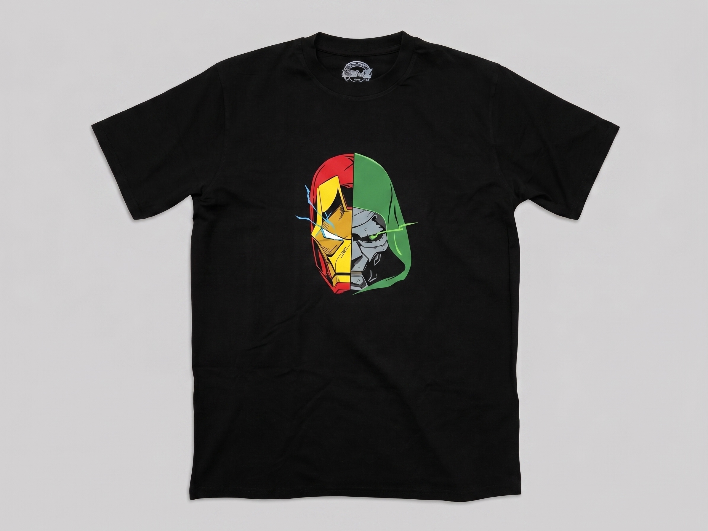 One to Z Iron Man vs Doctor Doom Split Mask Black 180GSM Graphic T-Shirt – Marvel Printed Cotton Tee